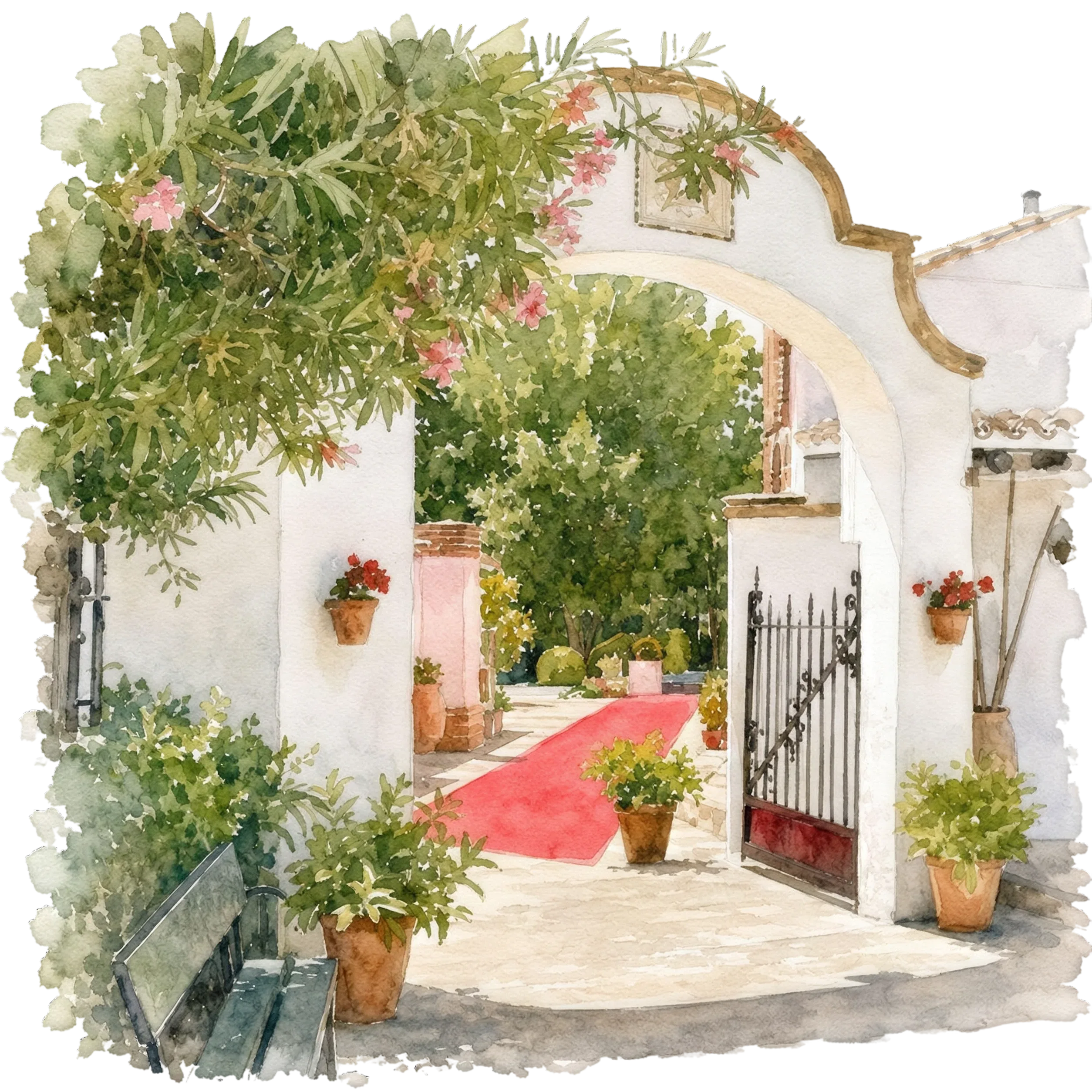 Ilustración en acuarela de la entrada de Finca Torre Mirahuerta